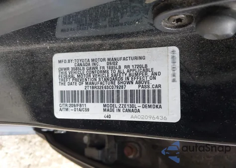 2003 Toyota Corolla Ce z USA, uszkodzony, nr VIN 2T1BR32E63C079287